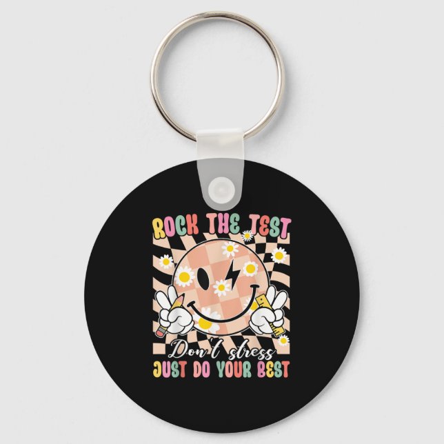 Funny Test Smiling Face Rock The Test Motivational Key Ring (Front)