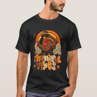 Funny Thankful Vibes Turkey Rainbow Retro Thanksgi T-Shirt