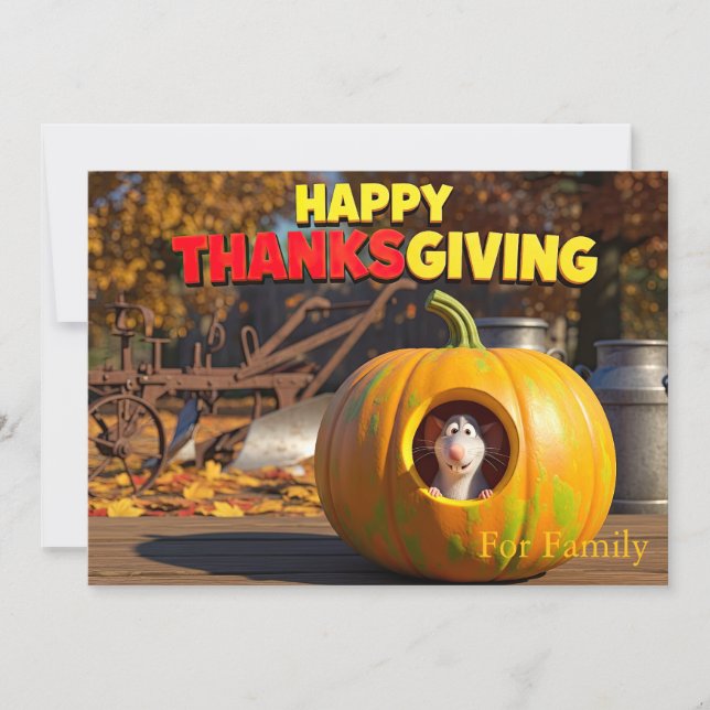 Funny Thanksgiving Card with Rat and Pumpkin (Front)