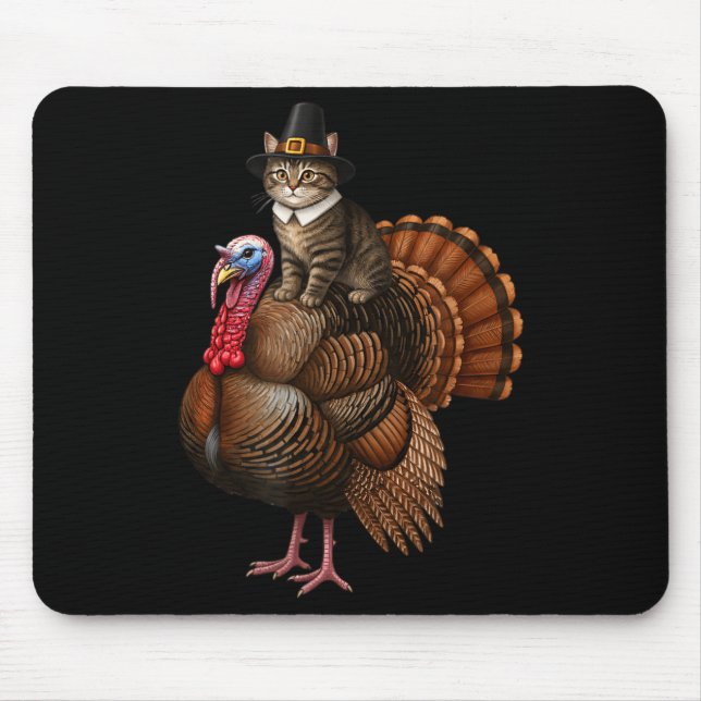 Funny Thanksgiving Cat On Turkey, Lgrim Hat Turkey Mouse Pad (Front)