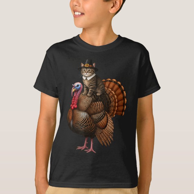 Funny Thanksgiving Cat On Turkey, Lgrim Hat Turkey T-Shirt (Front)