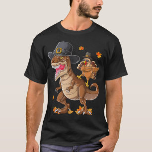 Funny Thanksgiving Dabbing Turkey Riding Dinosaur T-Shirt