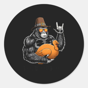 Funny Thanksgiving Gorilla Holding Turkey Lgrim Ha Classic Round Sticker