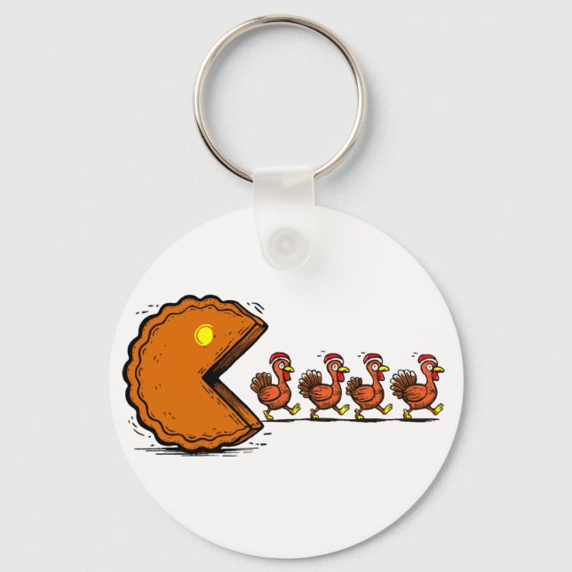 Funny Thanksgiving Pie Eating Turkey Retro Gaming Key Ring (Front)