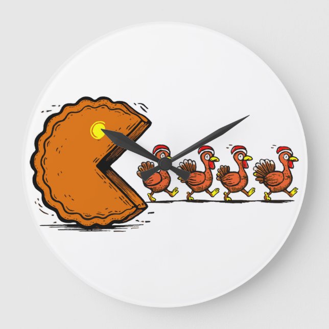 Funny Thanksgiving Pie Eating Turkey Retro Gaming Large Clock (Front)