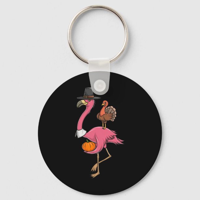 Funny Thanksgiving Pilgrim Flamingo With Turkey Cu Key Ring (Front)