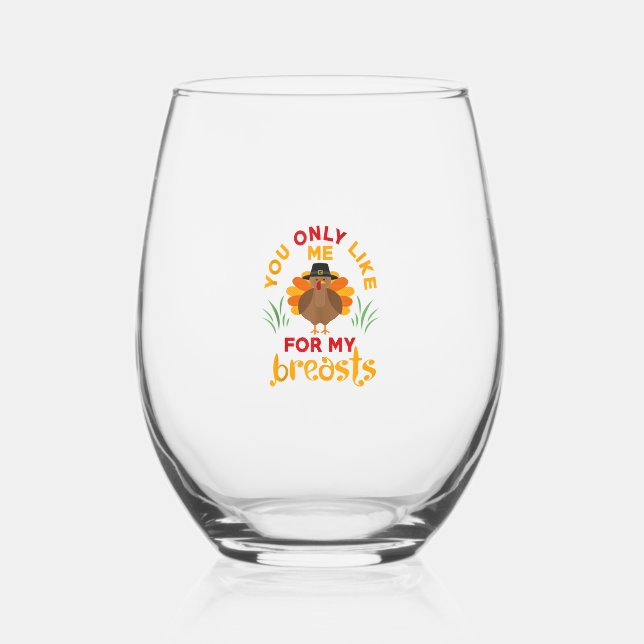Funny Thanksgiving Pilgrim Turkey  Stemless Wine Glass (Front)