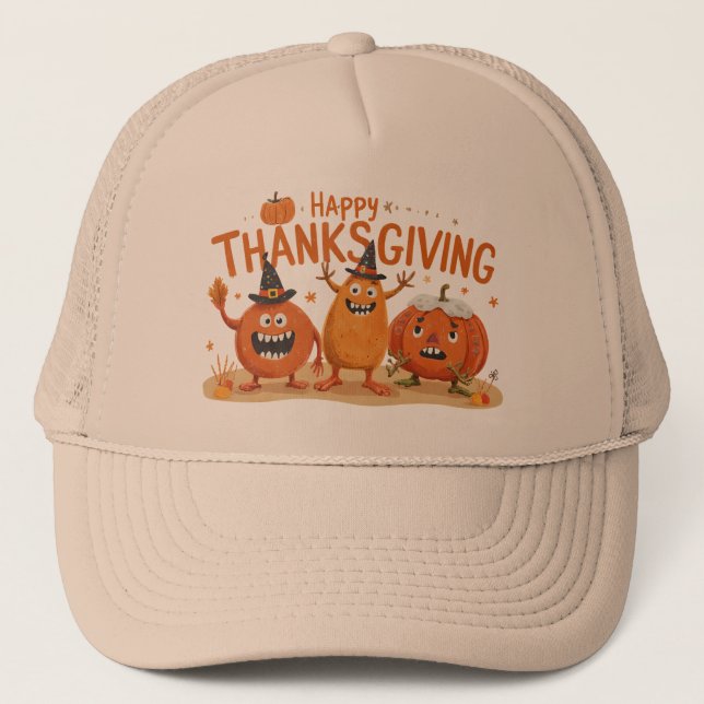 Funny Thanksgiving Pumpkins in Witch Hats Cartoon  (Front)