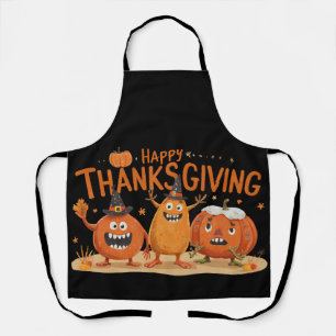 Funny Thanksgiving Pumpkins in Witch Hats Cartoon  Apron