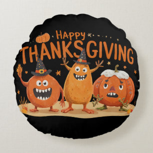Funny Thanksgiving Pumpkins in Witch Hats Cartoon Round Cushion