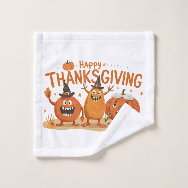 Funny Thanksgiving Pumpkins in Witch Hats Cartoon  Wash Cloth (Wash Cloth)