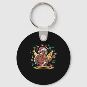 Funny Thanksgiving Santa Hat Turkey Rock Star Play Key Ring