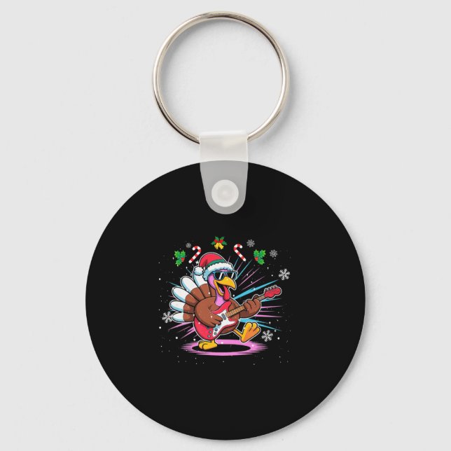 Funny Thanksgiving Santa Hat Turkey Rock Star Play Key Ring (Front)