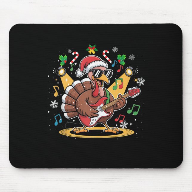 Funny Thanksgiving Santa Hat Turkey Rock Star Play Mouse Pad (Front)