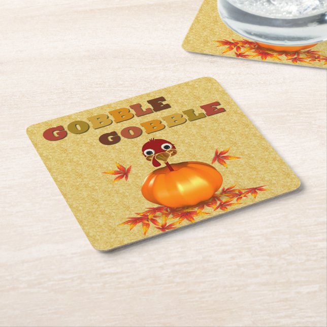 Funny Thanksgiving Turkey in Pumpkin Paper Coaster (Angled)