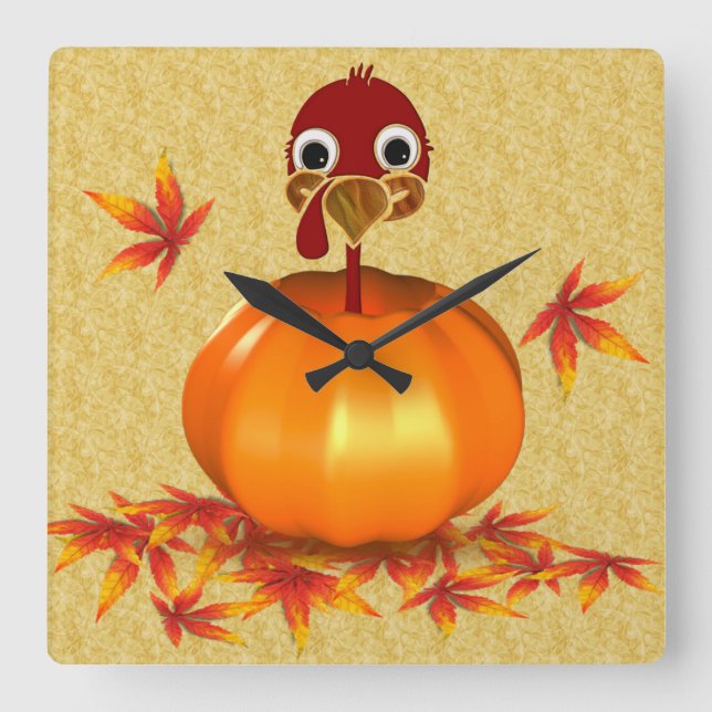 Funny Thanksgiving Turkey in Pumpkin Square Wall Clock (Front)