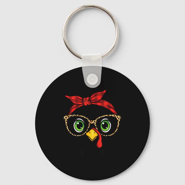 Funny Thanksgiving Turkey, Leopard Gles &amp; Buff Key Ring (Front)