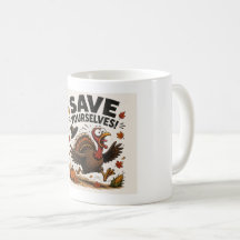 Funny Thanksgiving Turkey Mug – "Save Yourselves!"