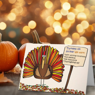 Funny Thanksgiving "Turkeys on Strike" Cartoon Holiday Card
