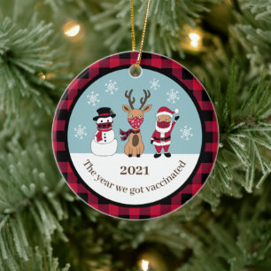 Funny The Year We Got Vaccinated Buffalo Plaid Ceramic Tree Decoration