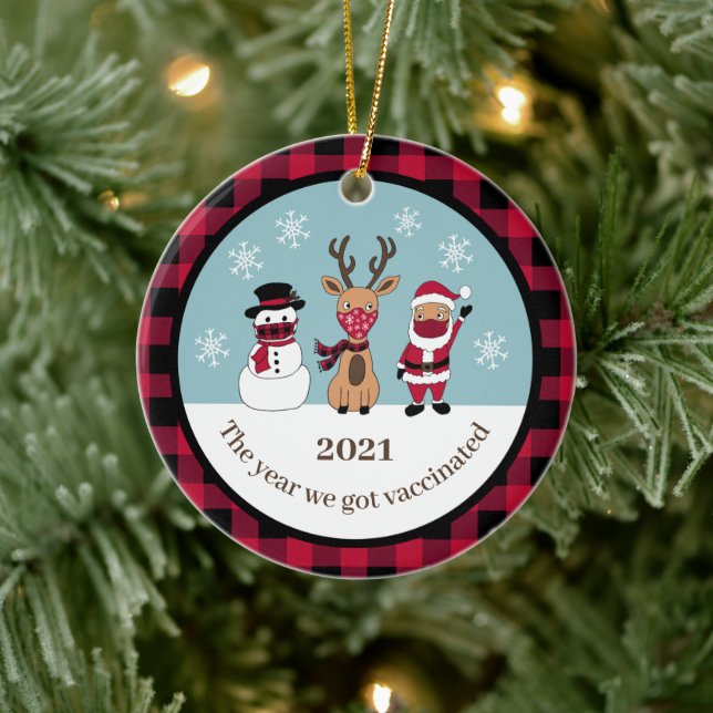Funny The Year We Got Vaccinated Buffalo Plaid Ceramic Tree Decoration (Tree)