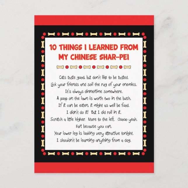 Funny Things I Learned From My Chinese Shar-Pei Postcard (Front)