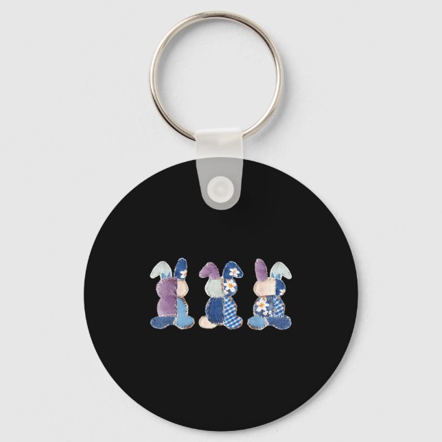 Funny three bunnies patchwork eggs rabbit happyFun Key Ring (Front)