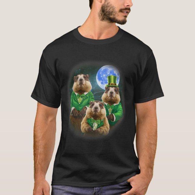 Funny Three Groundhog Moon 3 Groundhog Head St Pat T-Shirt (Front)