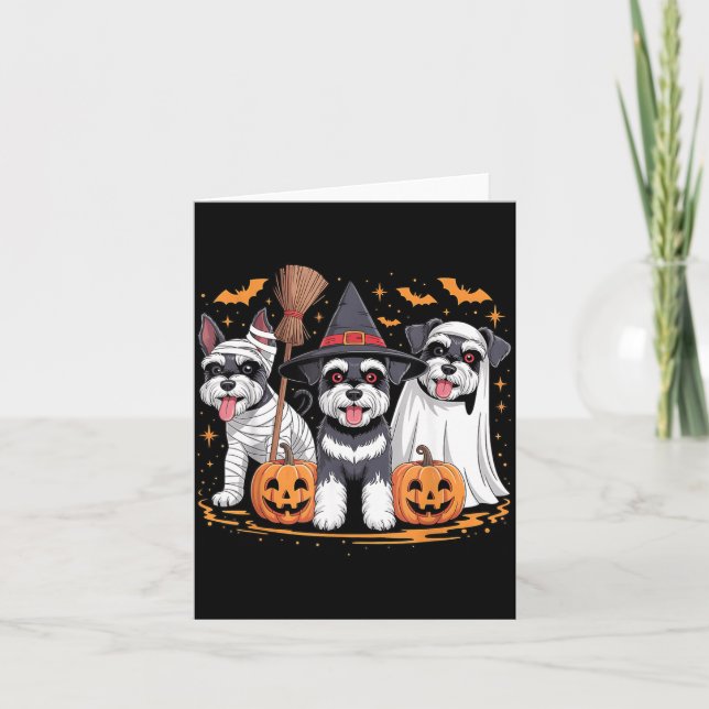 Funny Three Miniature Schnauzer Pumpkin Halloween Card (Front)