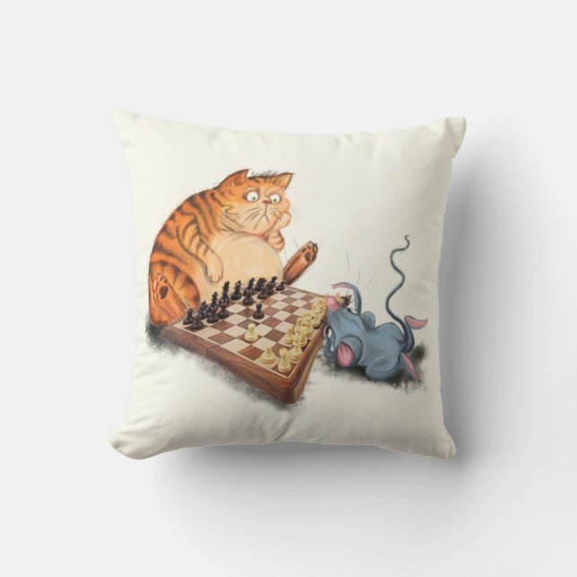 Funny Throw Pillow Cat and Mouse Playing Chess (Front)