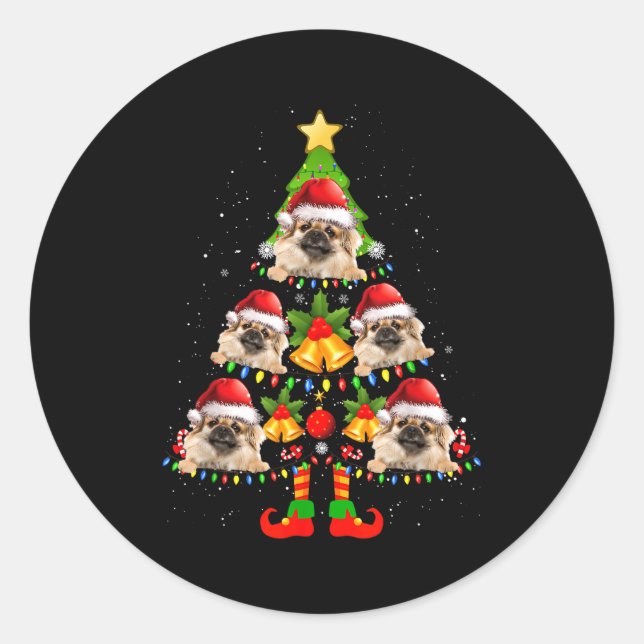 Funny Tibetan Spaniel Christmas Lights Tree Dog Lo Classic Round Sticker (Front)