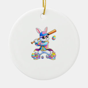 Funny Tie Dye Rabbit Baseball Easter Bunny Men Boy Ceramic Tree Decoration