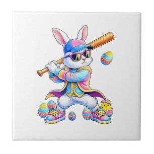 Funny Tie Dye Rabbit Baseball Easter Bunny Men Boy Tile