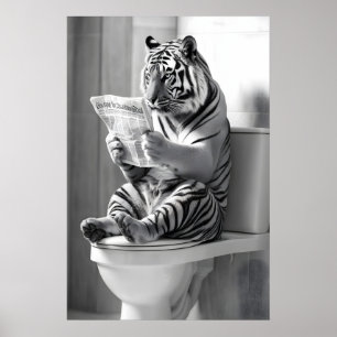 Funny Tiger Bathroom Print, Newspaper Toilet Art Poster