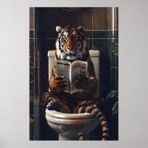 Funny Tiger Bathroom Print, Reading Newspaper on Poster