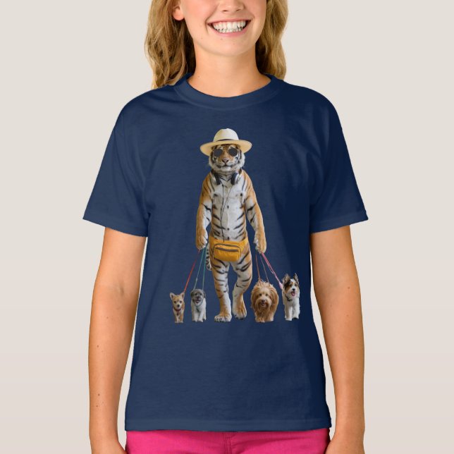 Funny Tiger Dog Walker Kids' T-Shirt (Front)