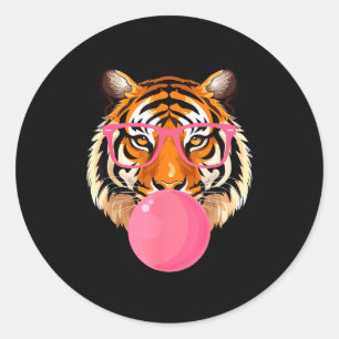 Funny Tiger Gles Blowing Bubble Gum Cute Tiger Fac Classic Round Sticker