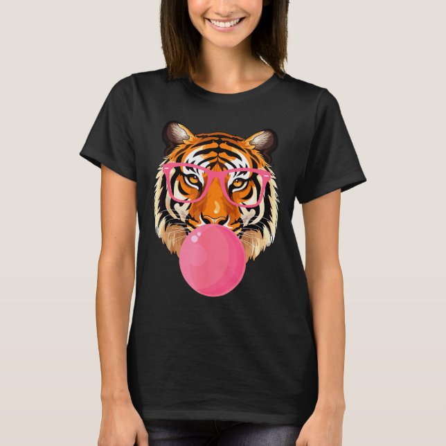 Funny Tiger Gles Blowing Bubble Gum Cute Tiger Fac T-Shirt (Front)