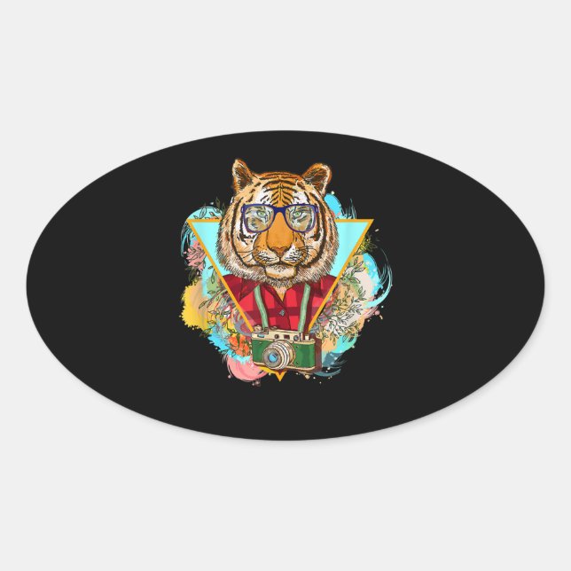 Funny Tiger Hipster Photographer Gift Oval Sticker (Front)