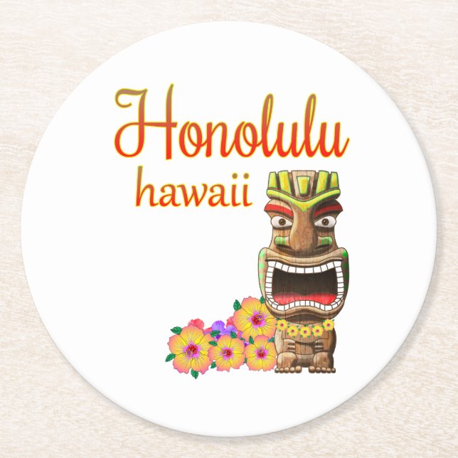 Funny Tiki Honolulu Hawaii Round Paper Coaster (Front)