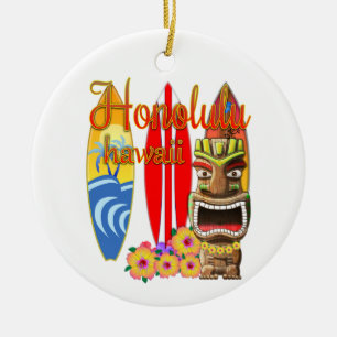Funny Tiki Honolulu Hawaii Surfing Ceramic Tree Decoration