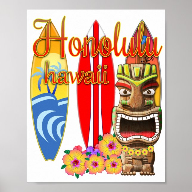 Funny Tiki Honolulu Hawaii Surfing Poster (Front)