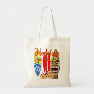 Funny Tiki Honolulu Hawaii Surfing Tote Bag