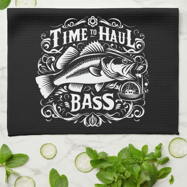 Funny Time to Haul Bass Fishing Boat Tea Towel (Folded)