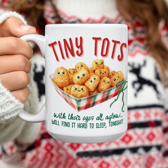 Funny Tiny Tater Tots Watercolor Plaid Christmas Coffee Mug (Funny Tiny Tots with their eyes  aglow holiday watercolor plaid whimsical Christmas gift mug 15 oz.)