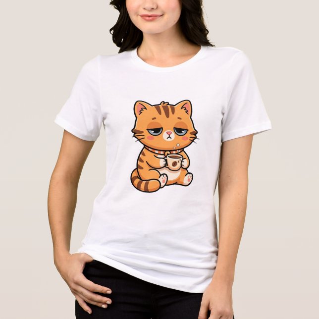 Funny Tired Cat Drinking Coffee Cute Orange Tabby  Tri-Blend Shirt (Front)