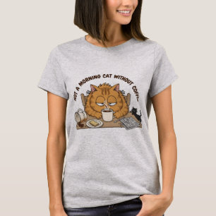 Funny Tired Orange Cat Breakfast Illustration T-Shirt