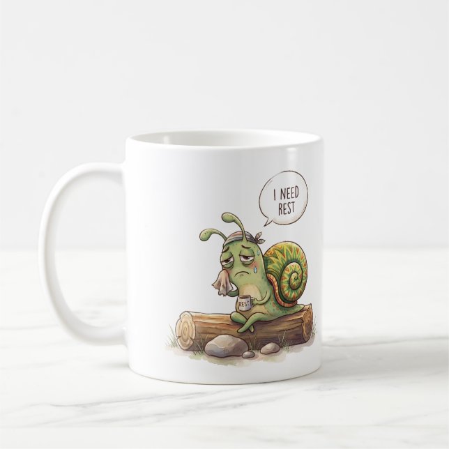 Funny Tired Snail "I Need Rest" Cute Illustration  Coffee Mug (Left)