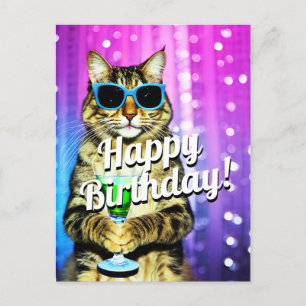 Funny toasting cat birthday postcard