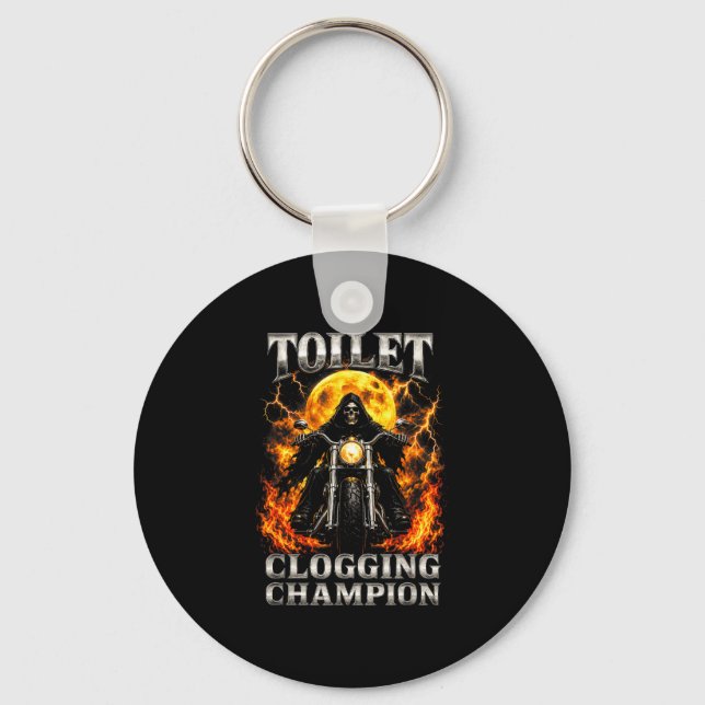 Funny toilet clogging champion skeleton biker key ring (Front)